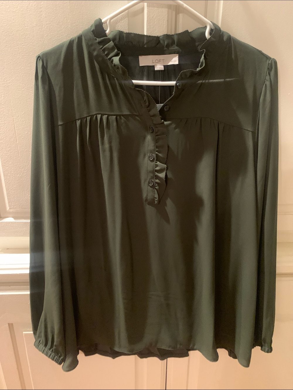 LOFT Dark Olive Ruffle Henley Blouse Large Petite NWT